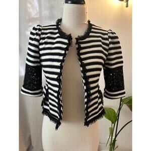 S.J. Trust Black White Striped Ruffle Lace Cardigan Puff Sleeve Coquette S/M
